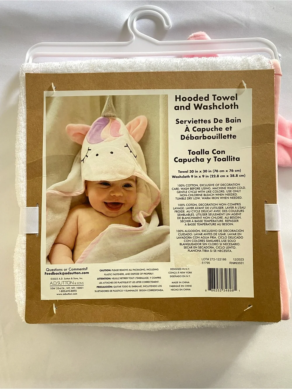 Baby Essentials Pink and White Unicorn Hooded Bib Towel
